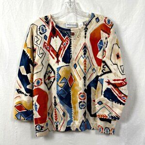 Alfred Dunner Sweater Womens Sz L Southwestern Aztec Beaded 3/4 Sleeve Pullover